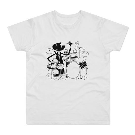 Black and white graphic of a cartoon drummer playing a drum set.