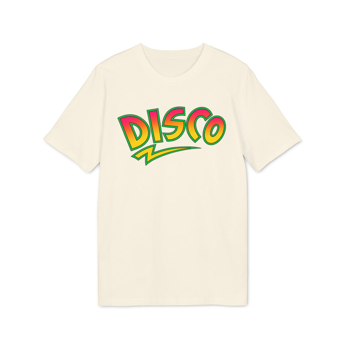 A cream-colored short-sleeved t-shirt featuring the word DISCO in a retro, colorful gradient font with a lightning bolt underneath.