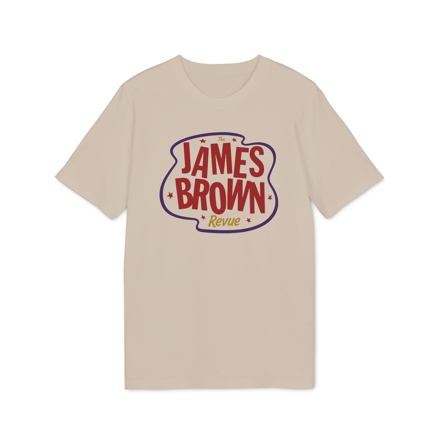 Light tan t-shirt with red and purple "The James Brown Revue" text graphic.