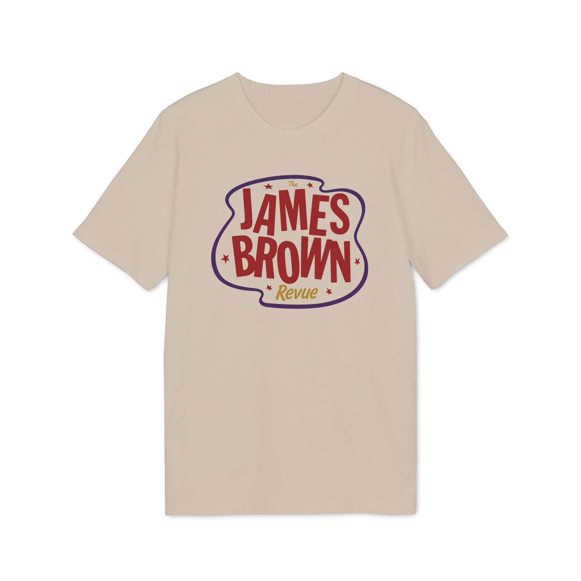 Light tan t-shirt with red and purple "The James Brown Revue" text graphic.