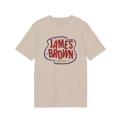 Light tan t-shirt with red and purple "The James Brown Revue" text graphic.