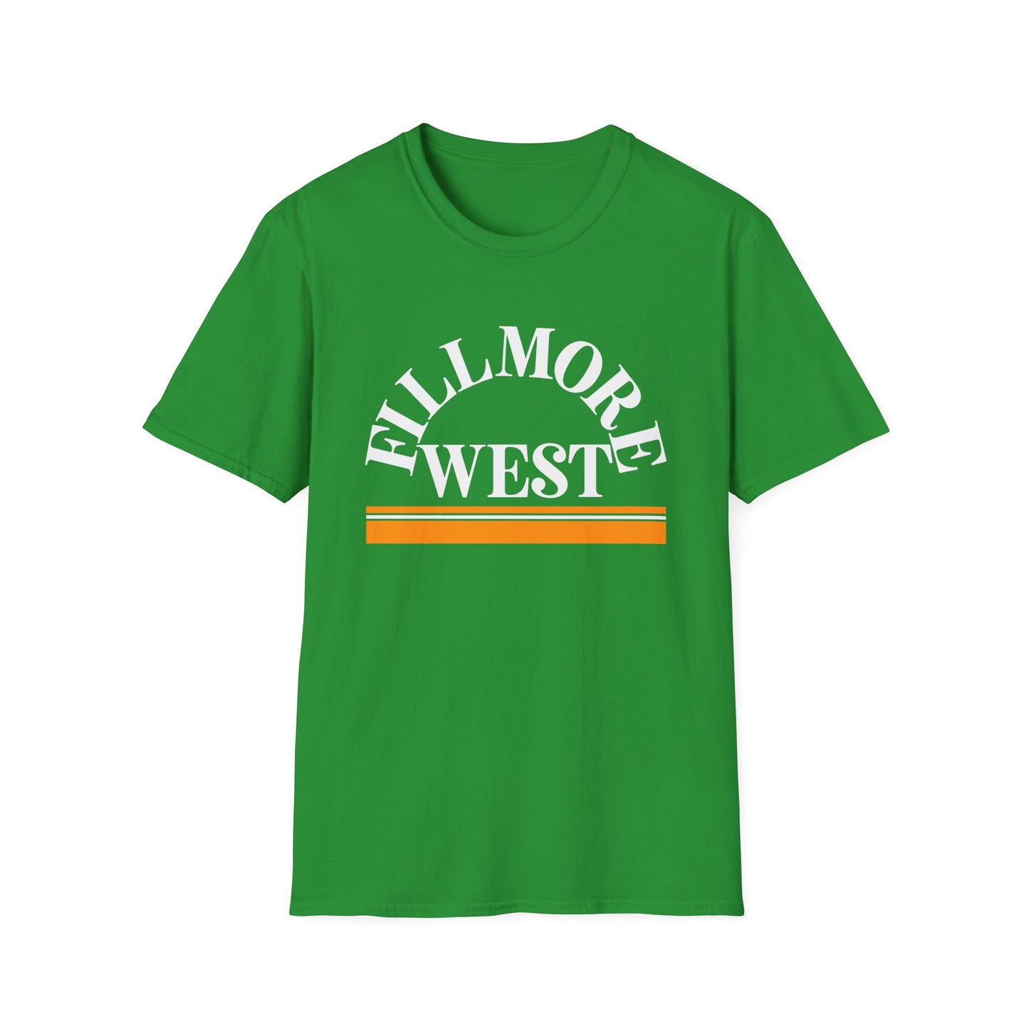 Green t-shirt with white "Fillmore West" text and orange stripes.