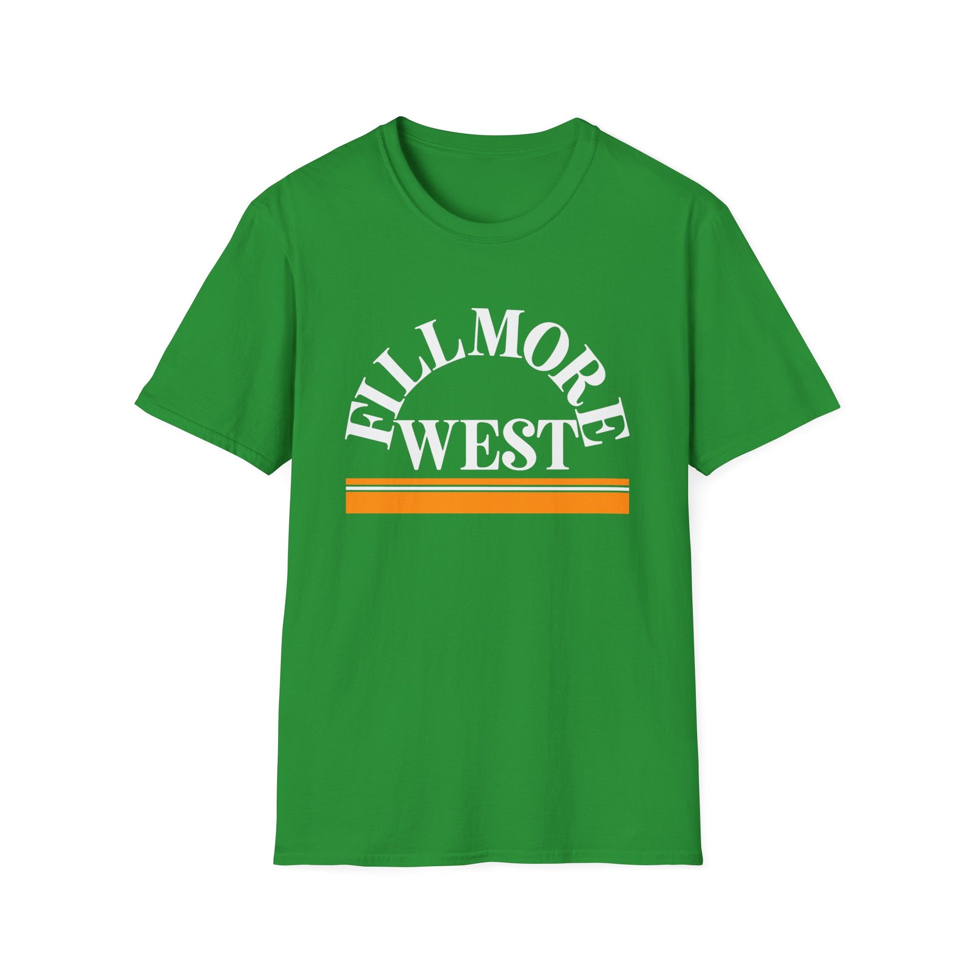 Green t-shirt with white "Fillmore West" text and orange stripes.