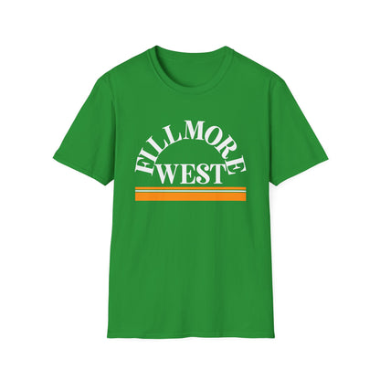 Green t-shirt with white "Fillmore West" text and orange stripes.