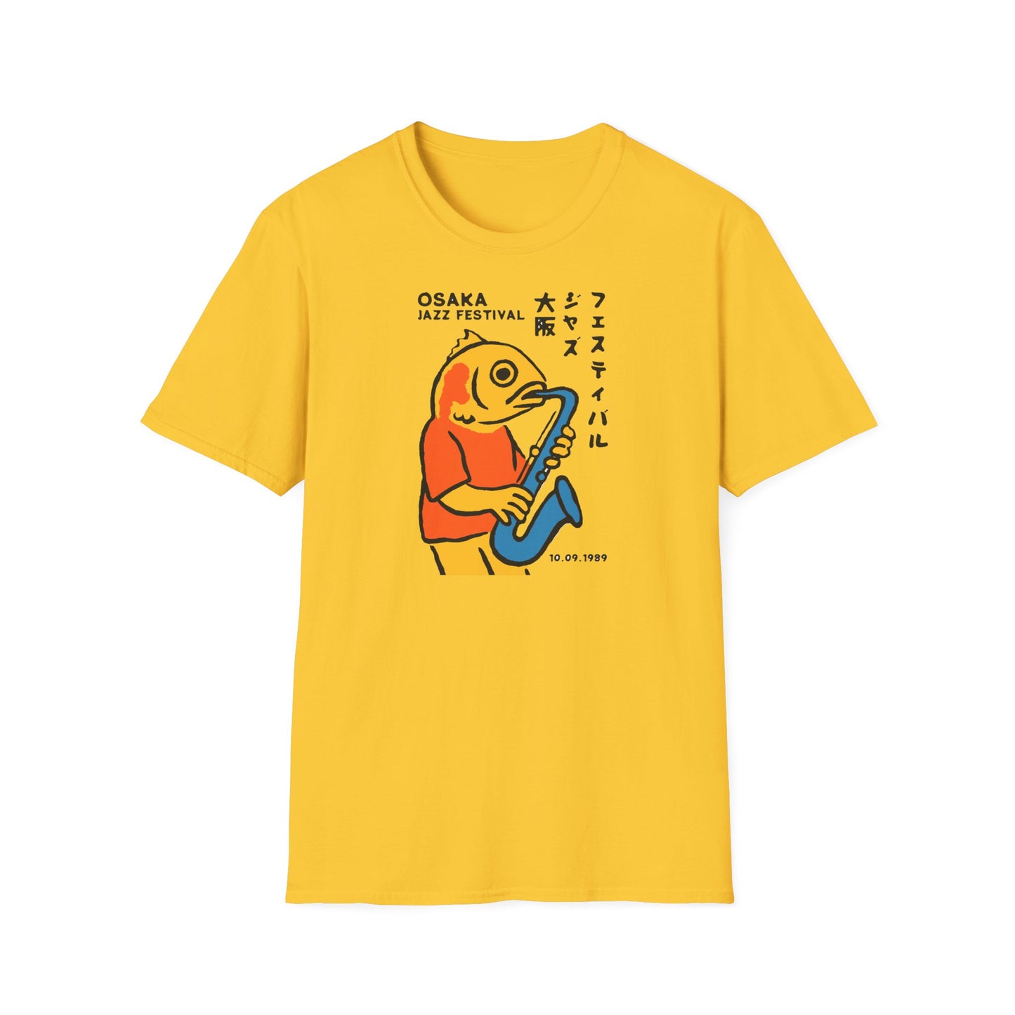 Yellow t-shirt with a stylized fish playing a saxophone and Japanese text.