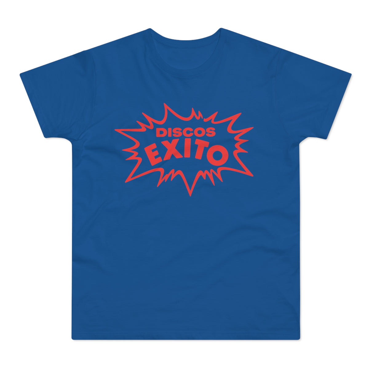 Blue t-shirt with red "DISCOS EXITO" text in a burst design.