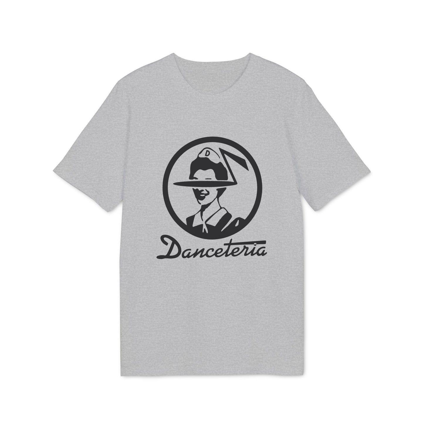 Grey t-shirt with a black circular logo featuring a person and the text "Danceteria".