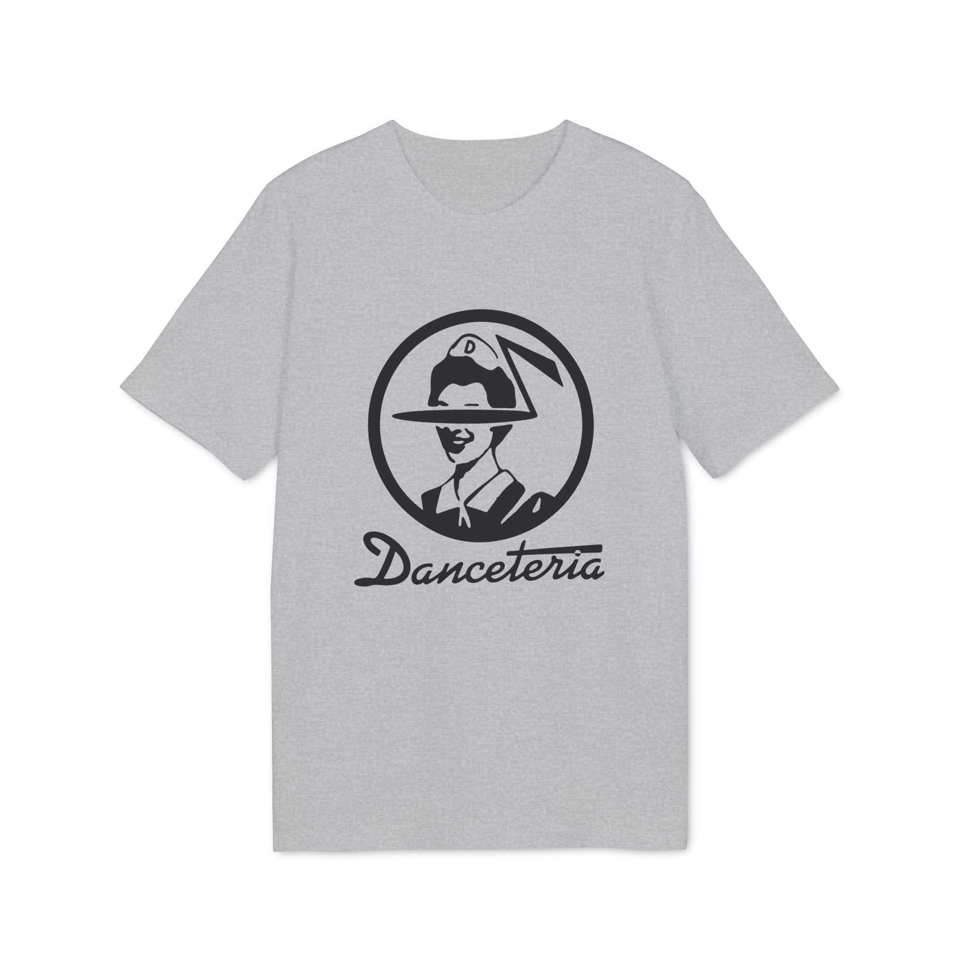 Grey t-shirt with a black circular logo featuring a person and the text "Danceteria".