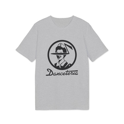 Grey t-shirt with a black circular logo featuring a person and the text "Danceteria".