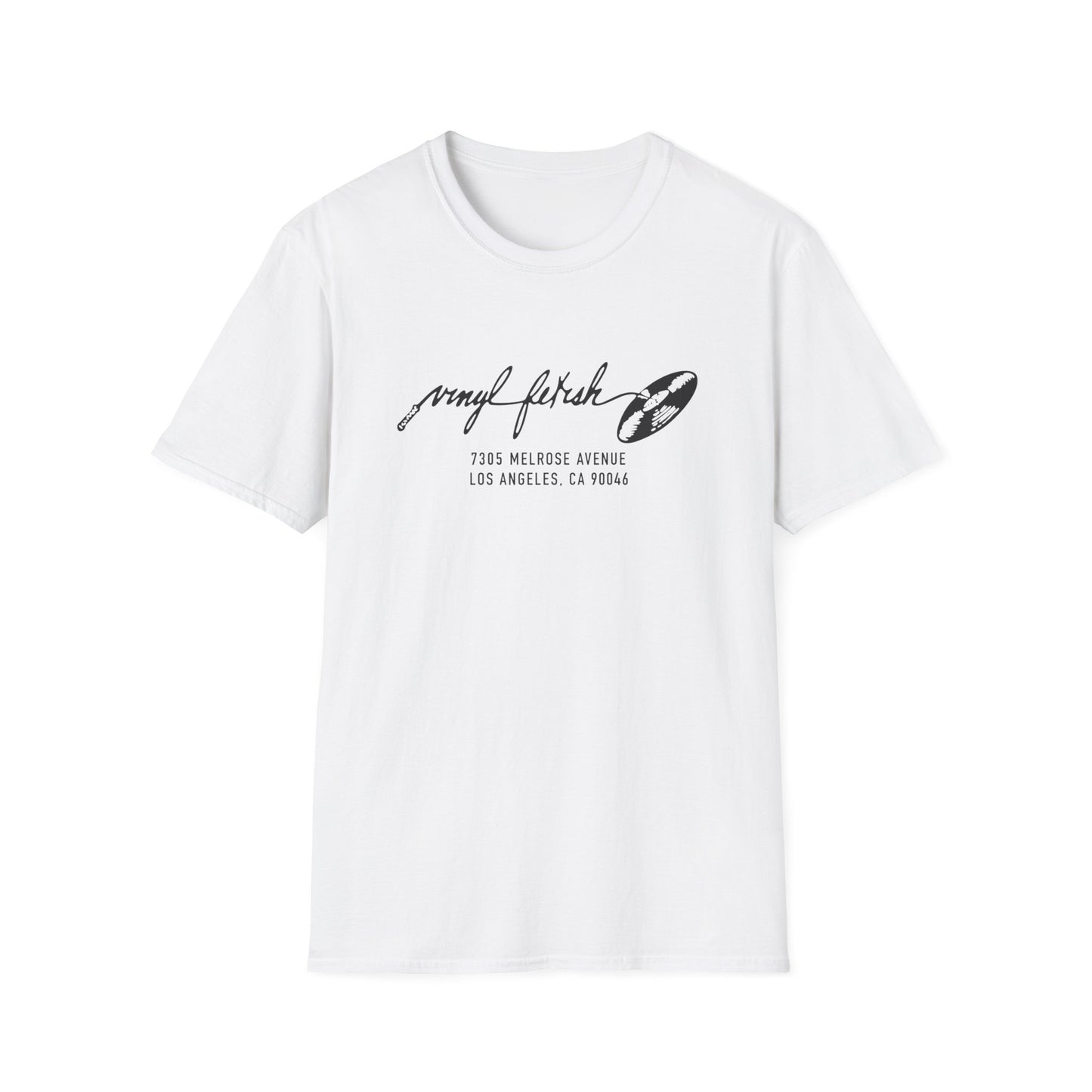 White t-shirt with "vinyl fetish" text and address 7305 Melrose Avenue Los Angeles.