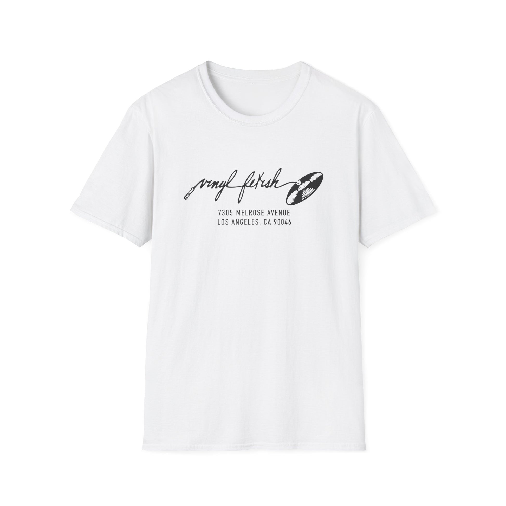 White t-shirt with "vinyl fetish" text and address 7305 Melrose Avenue Los Angeles.