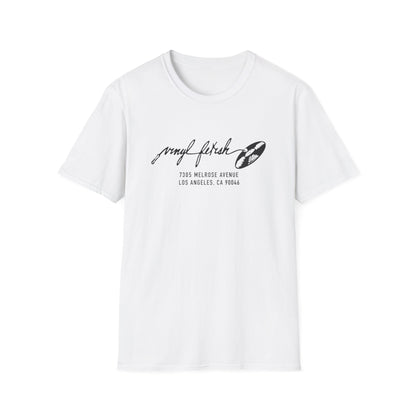 White t-shirt with "vinyl fetish" text and address 7305 Melrose Avenue Los Angeles.
