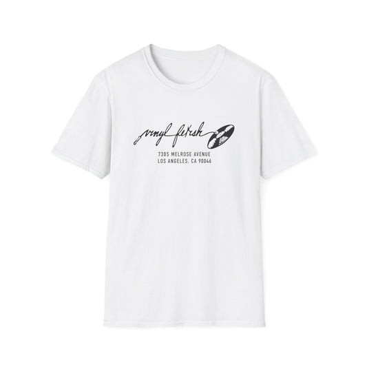 White t-shirt with "vinyl fetish" text and address 7305 Melrose Avenue Los Angeles.