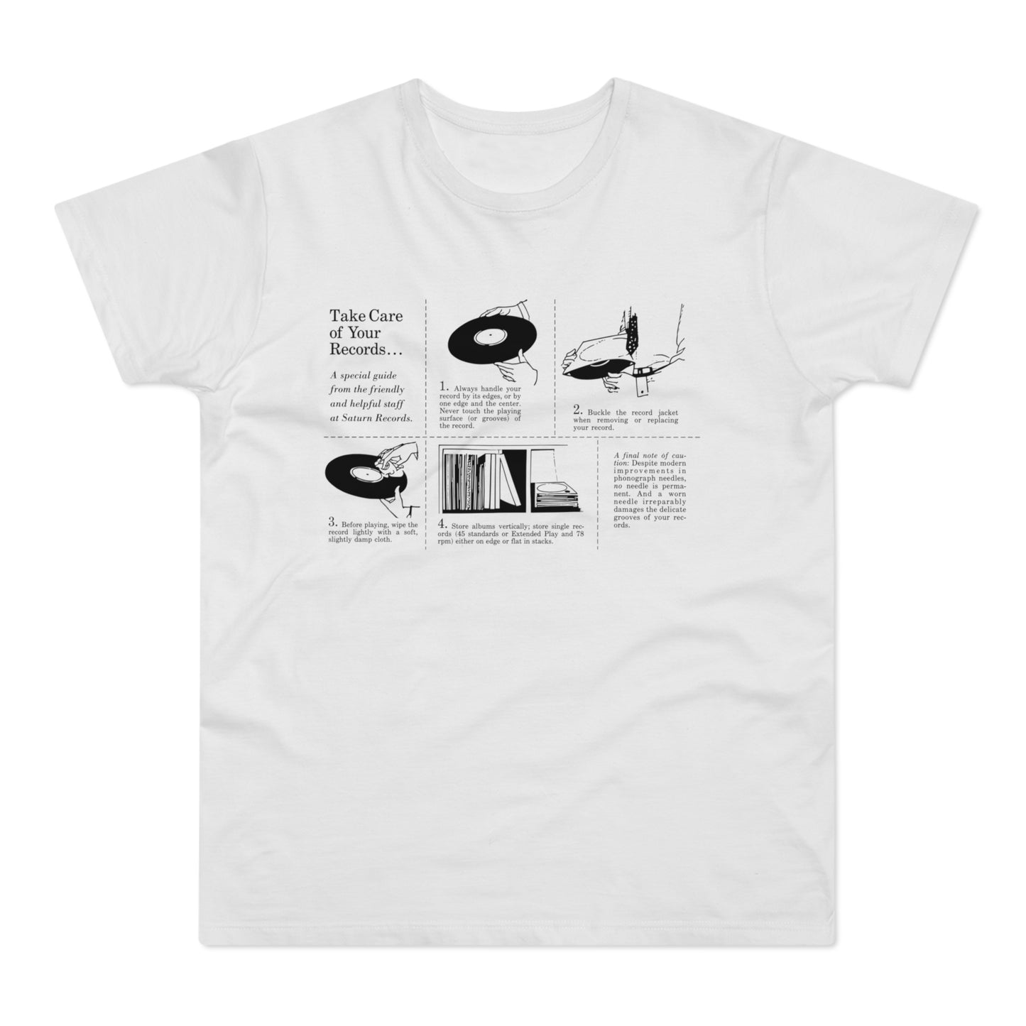 T-shirt with black line art diagrams and text titled "Take Care of Your Records..."