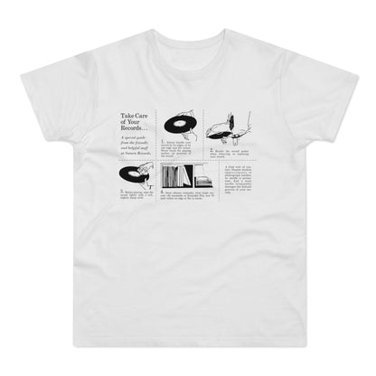 T-shirt with black line art diagrams and text titled "Take Care of Your Records..."