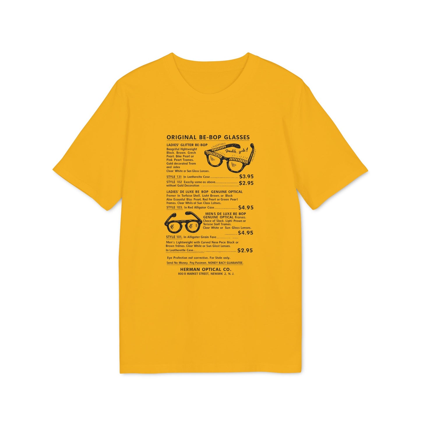 Yellow t-shirt print with details on Be-Bop glasses, styles, prices, and Herman Optical Co.