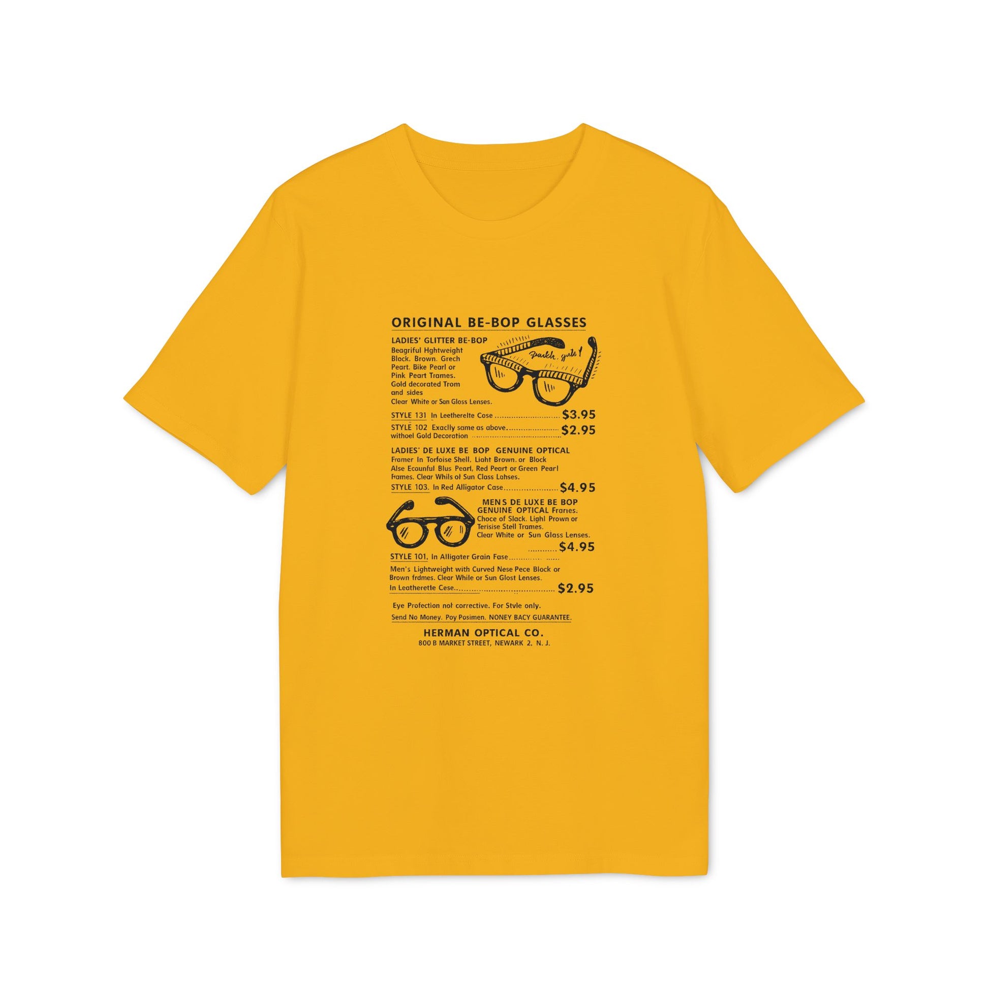 Yellow t-shirt print with details on Be-Bop glasses, styles, prices, and Herman Optical Co.