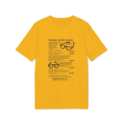 Yellow t-shirt print with details on Be-Bop glasses, styles, prices, and Herman Optical Co.