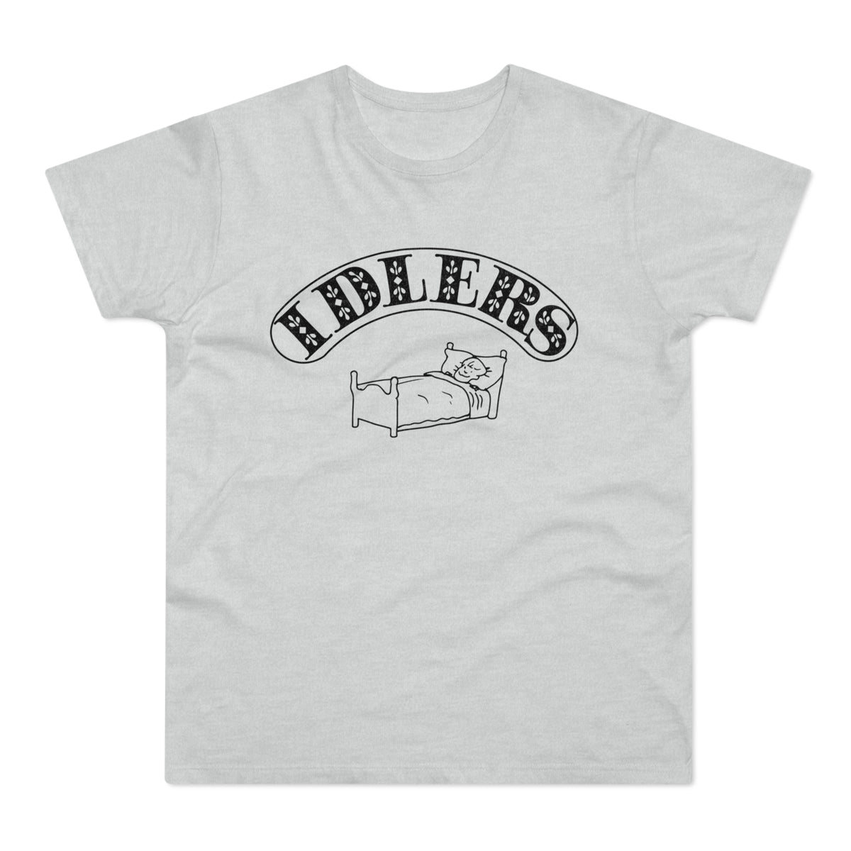 T-shirt with "IDLERS" text above a person in bed.