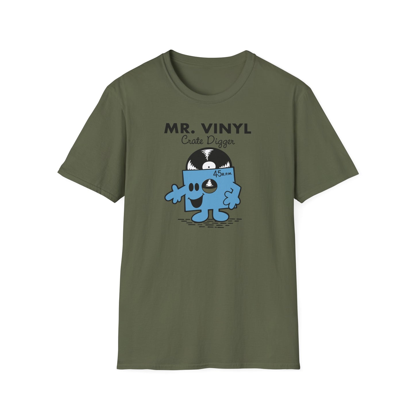 Olive green t-shirt with MR. VINYL Crate Digger cartoon.