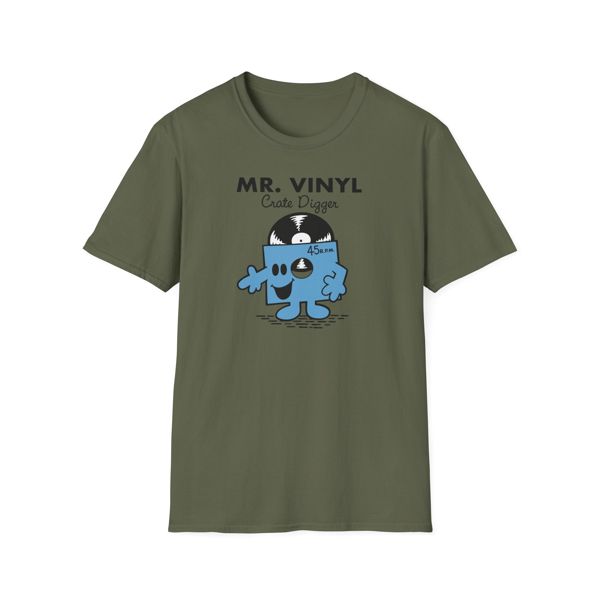 Olive green t-shirt with MR. VINYL Crate Digger cartoon.