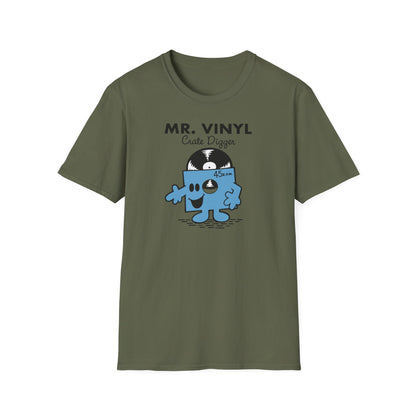 Olive green t-shirt with MR. VINYL Crate Digger cartoon.