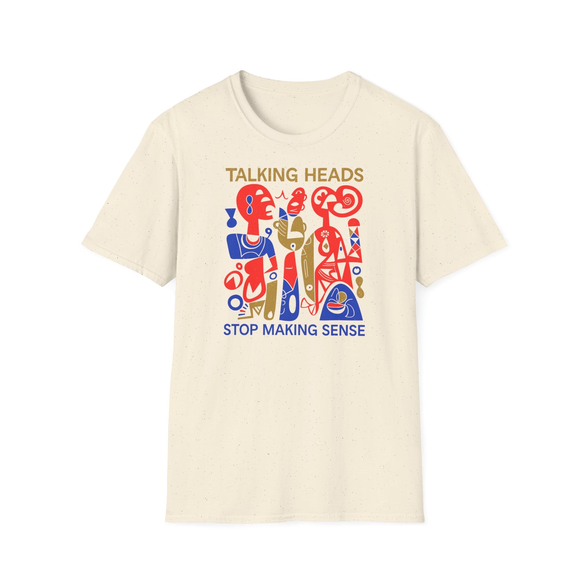 Cream t-shirt with "Talking Heads Stop Making Sense" and abstract figures.