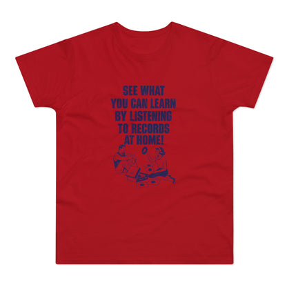 Red t-shirt with blue text and graphic of couple listening to records.