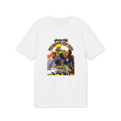 Jimmy Cliff "The Harder They Come" graphic with figures, cars, motorcycles, and buildings.
