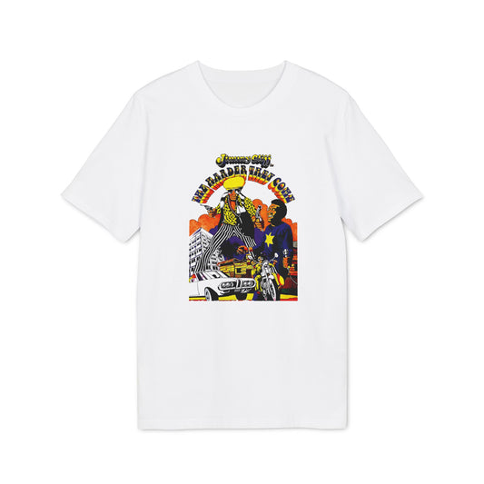 Jimmy Cliff "The Harder They Come" graphic with figures, cars, motorcycles, and buildings.