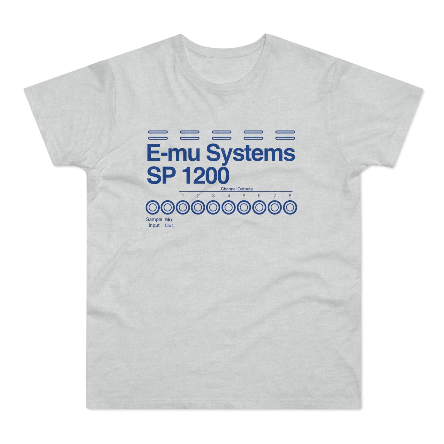 Grey t-shirt with blue text "E-mu Systems SP 1200" and channel outputs diagram.