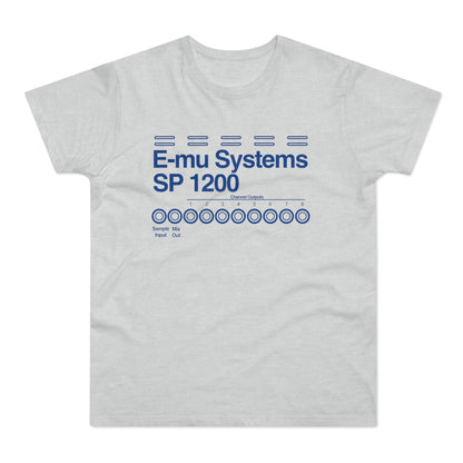 Grey t-shirt with blue text "E-mu Systems SP 1200" and channel outputs diagram.