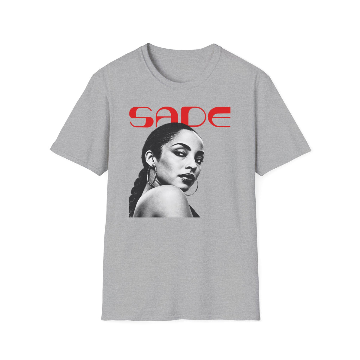 Grey t-shirt with red "SADE" text and a black and white portrait of Sade.