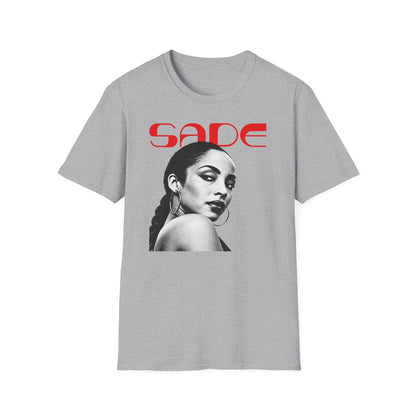 Grey t-shirt with red "SADE" text and a black and white portrait of Sade.