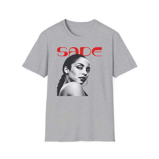 Grey t-shirt with red "SADE" text and a black and white portrait of Sade.