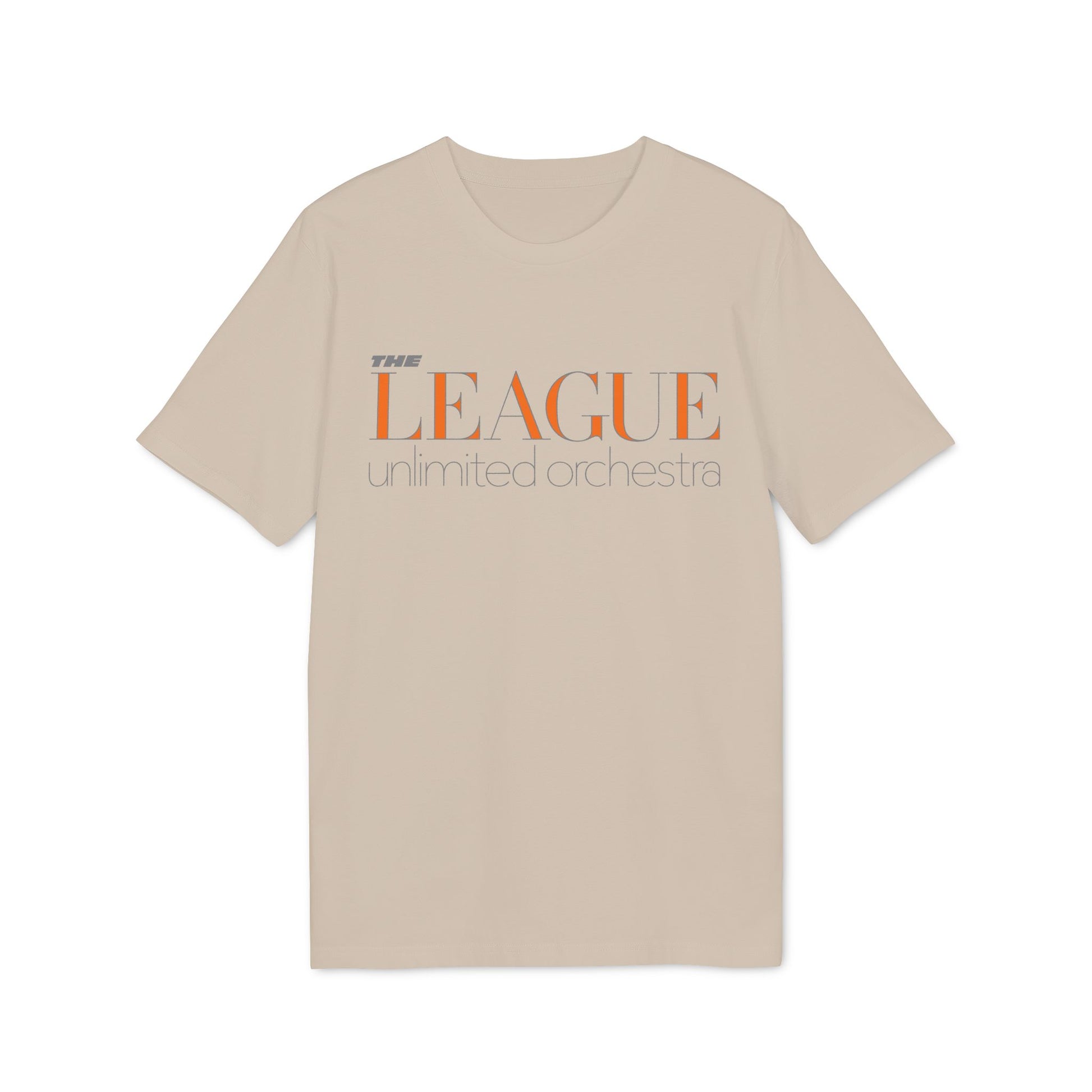 Light beige t-shirt with "THE LEAGUE unlimited orchestra" text graphic.