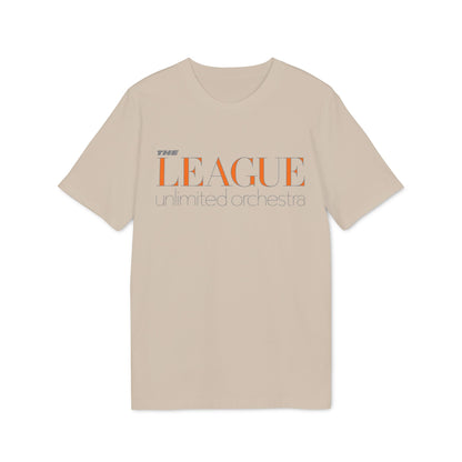 Light beige t-shirt with "THE LEAGUE unlimited orchestra" text graphic.