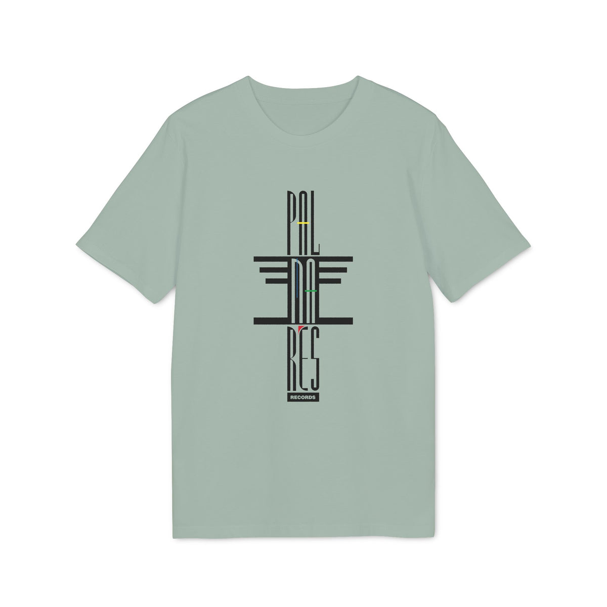 Sage green crewneck t-shirt featuring black and colorful abstract graphic text on the front.