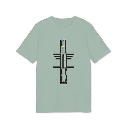 Sage green crewneck t-shirt featuring black and colorful abstract graphic text on the front.