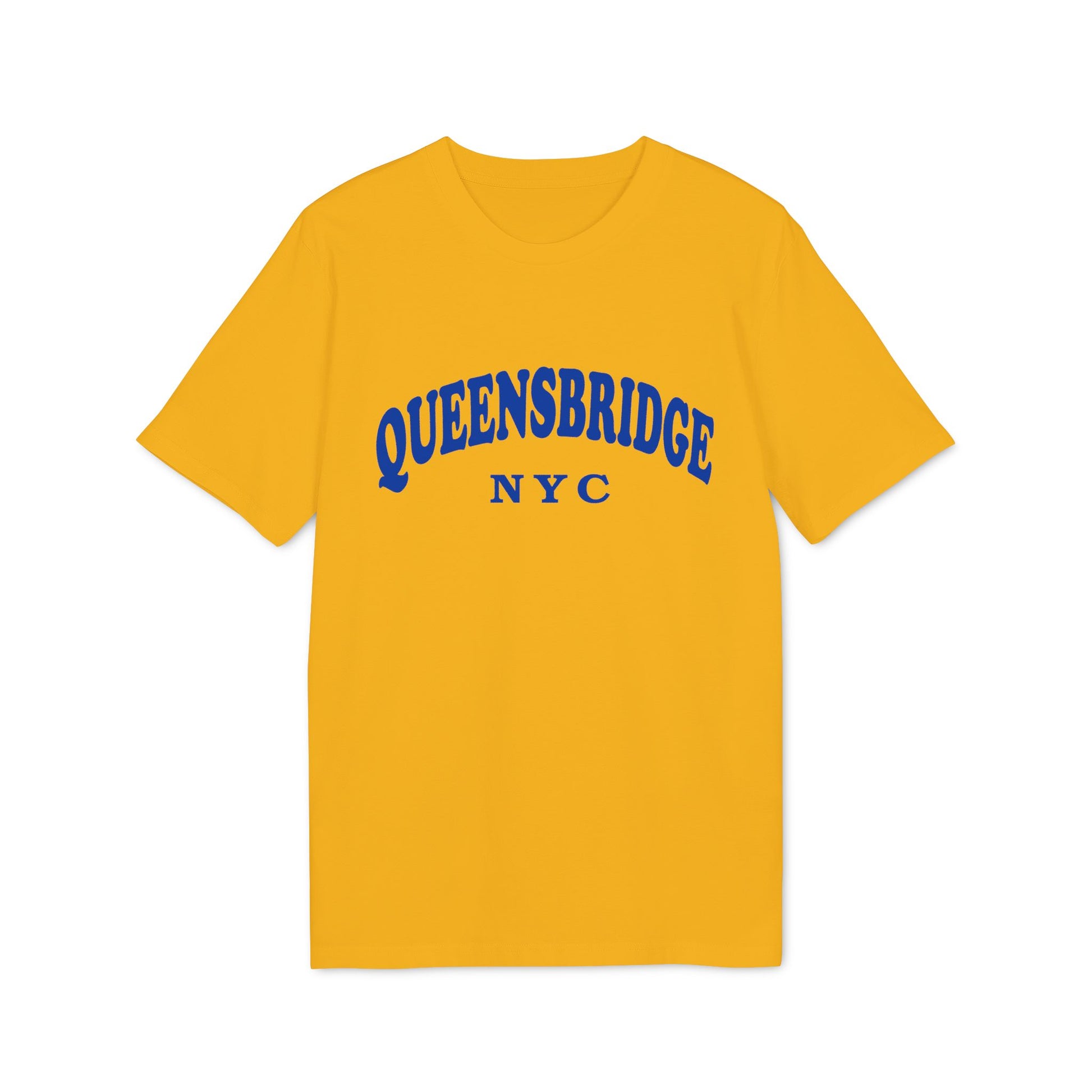 Yellow t-shirt with blue "QUEENSBRIDGE NYC" text