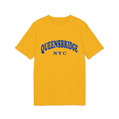 Yellow t-shirt with blue "QUEENSBRIDGE NYC" text