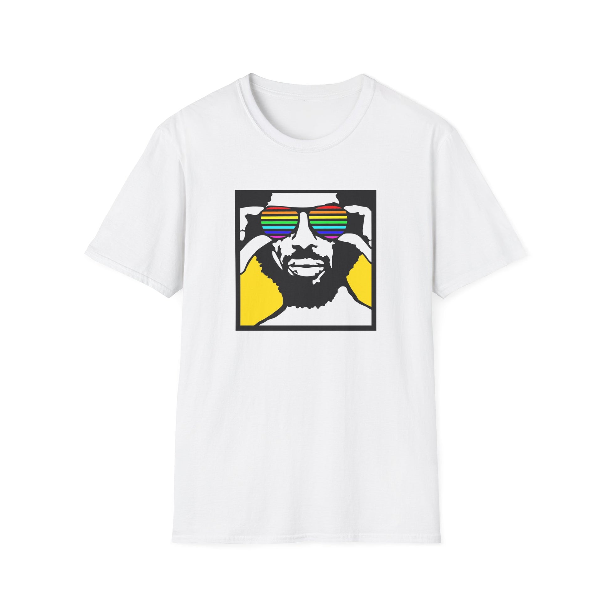White t-shirt featuring a black and yellow graphic of a man wearing rainbow sunglasses.