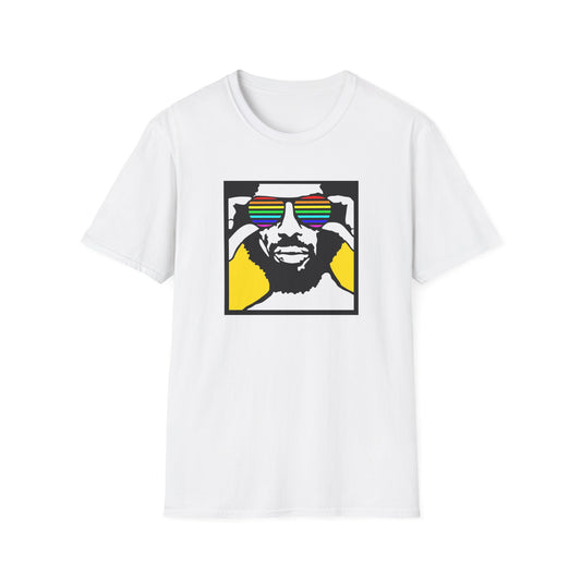 White t-shirt featuring a black and yellow graphic of a man wearing rainbow sunglasses.
