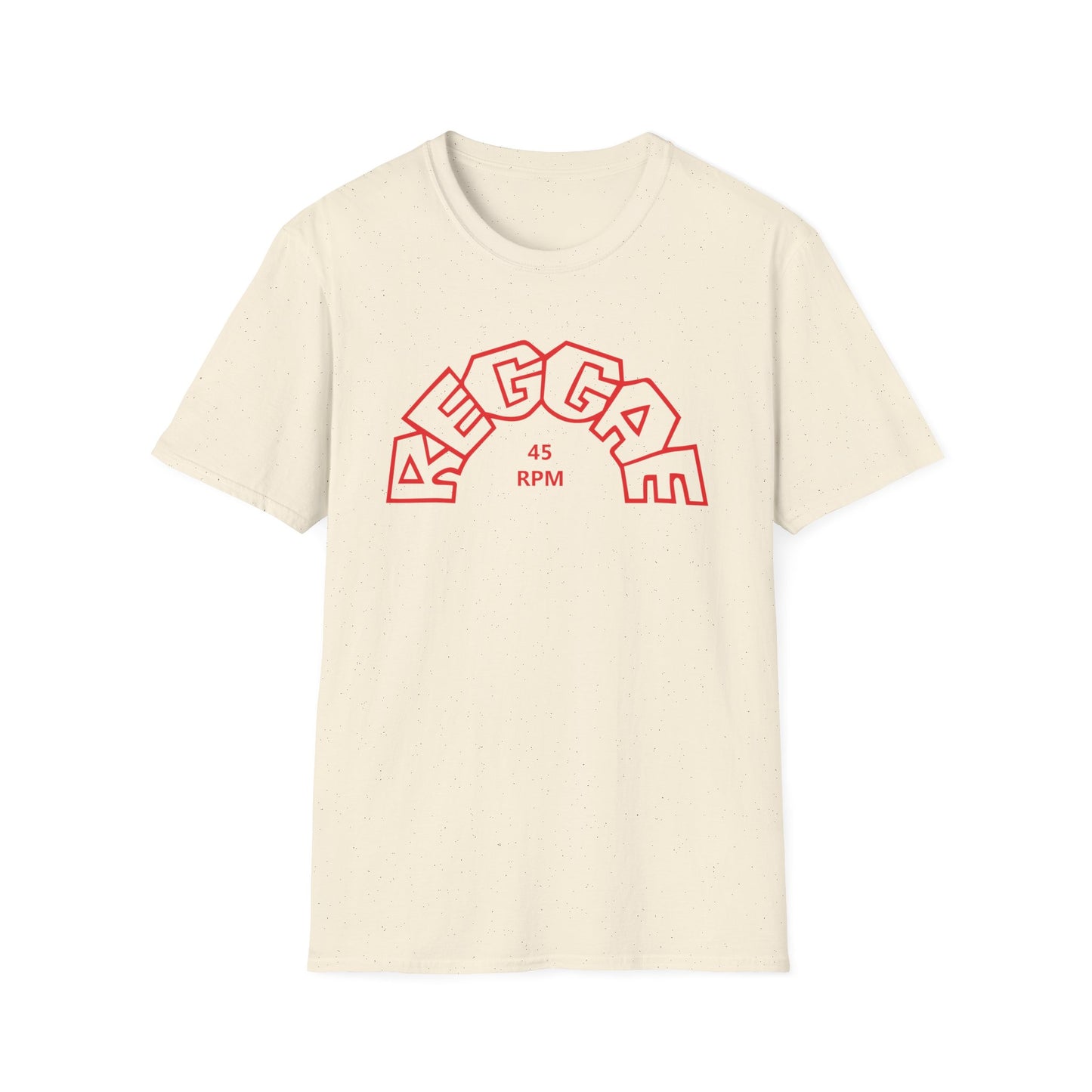 Cream t-shirt with red "MEGGA" text and "45 RPM" in a semicircle.