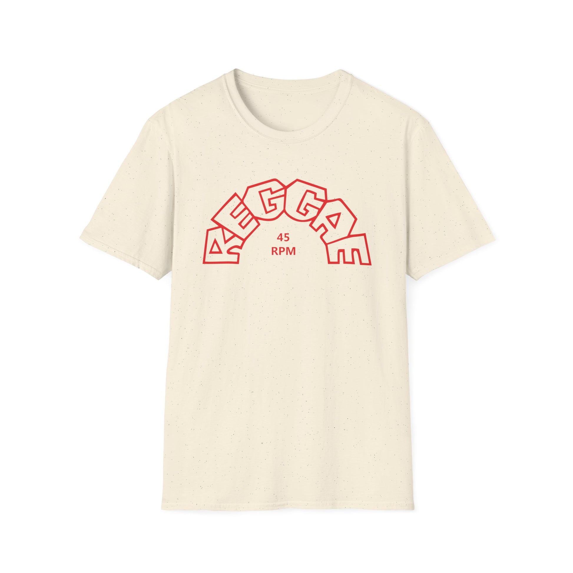 Cream t-shirt with red "MEGGA" text and "45 RPM" in a semicircle.