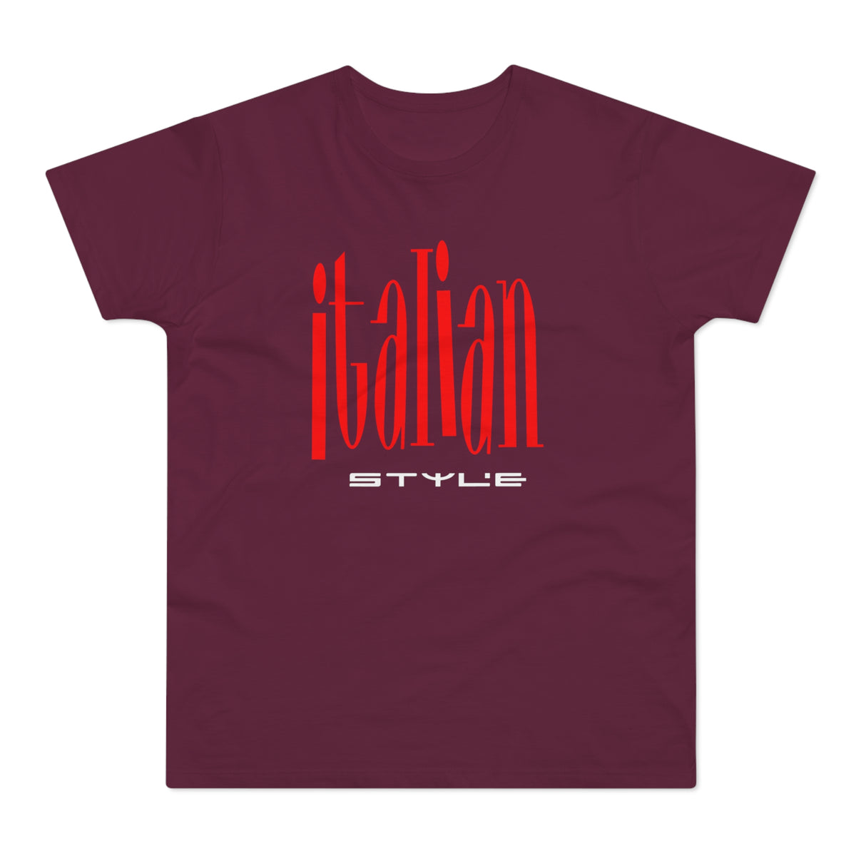 Maroon short-sleeved t-shirt featuring the red text "italian" and white text "STYLE" on the chest.