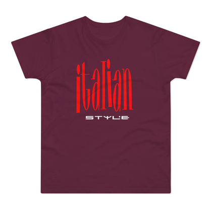 Maroon short-sleeved t-shirt featuring the red text "italian" and white text "STYLE" on the chest.