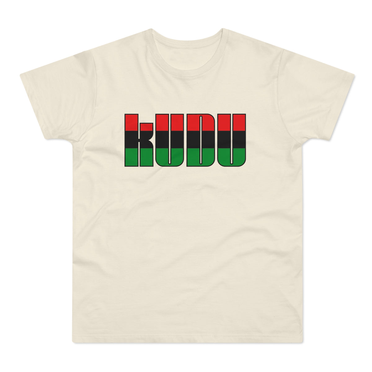 Cream t-shirt with "KUDU" text in black outline and red, black, green fill.