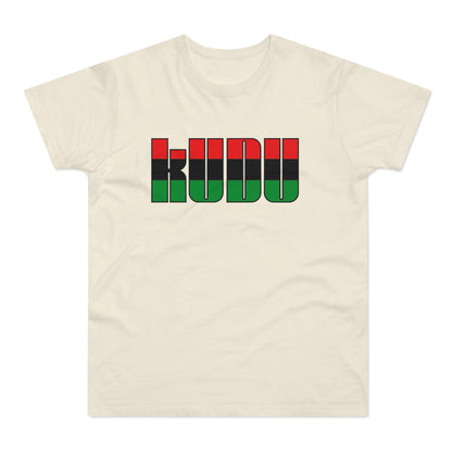 Cream t-shirt with "KUDU" text in black outline and red, black, green fill.