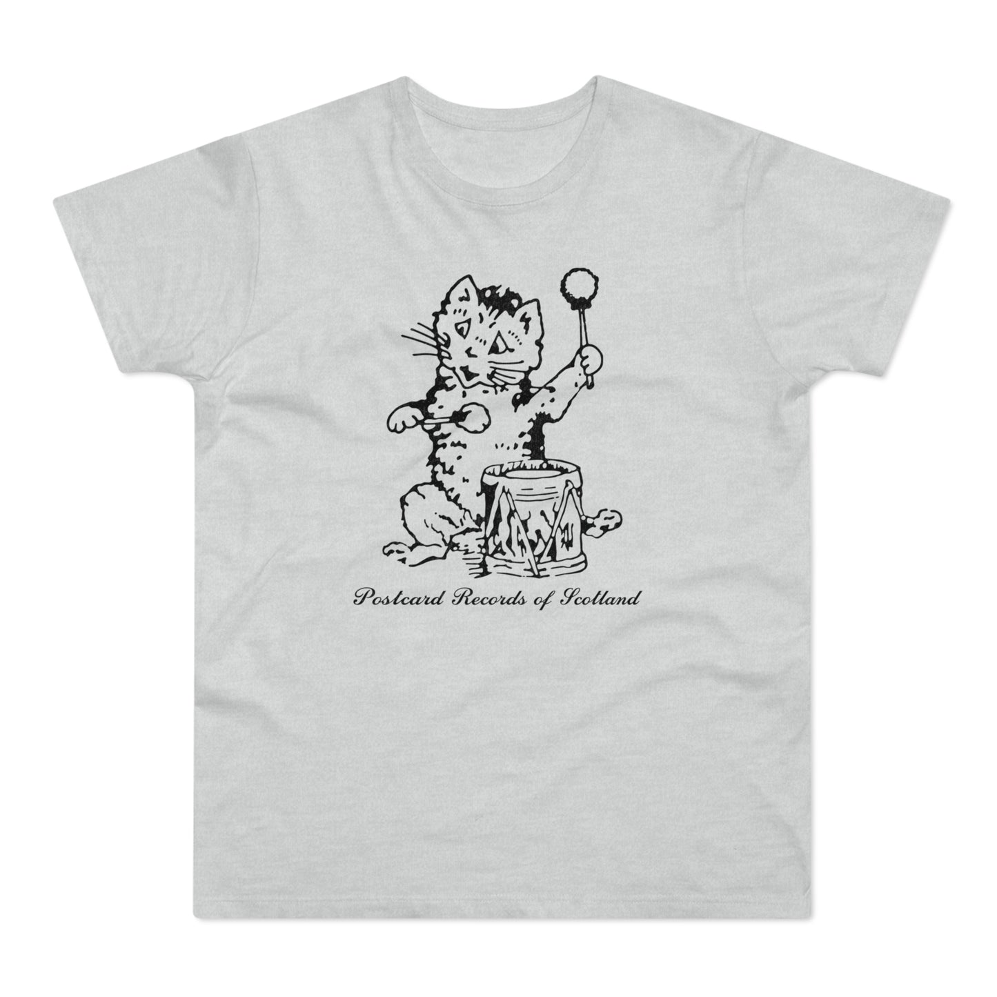 Line drawing of a cat playing a drum with text "Postcard Records of Scotland".